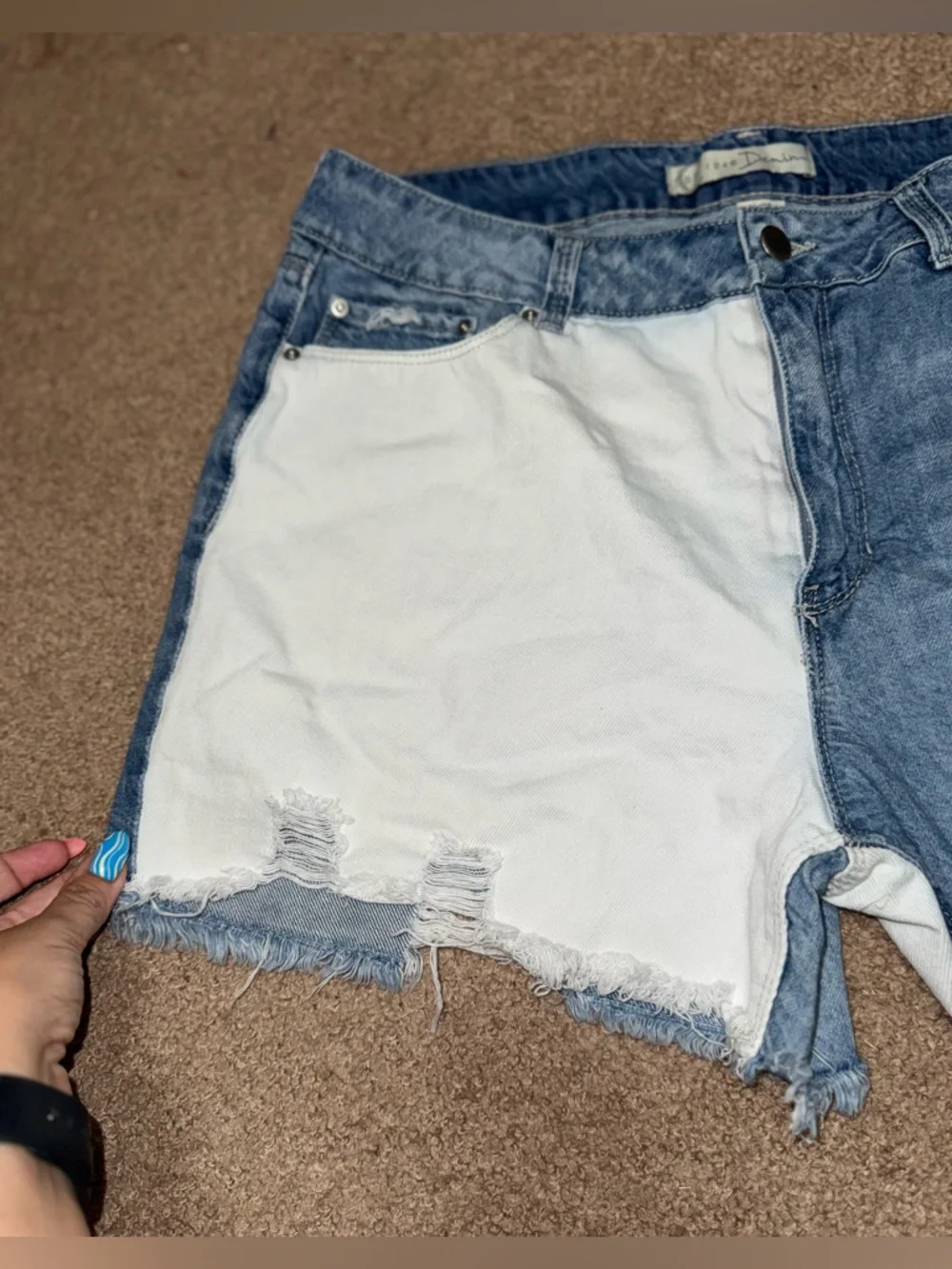 Two-Tone Distressed Jean Shorts in Blue & White - Picture 3 of 6